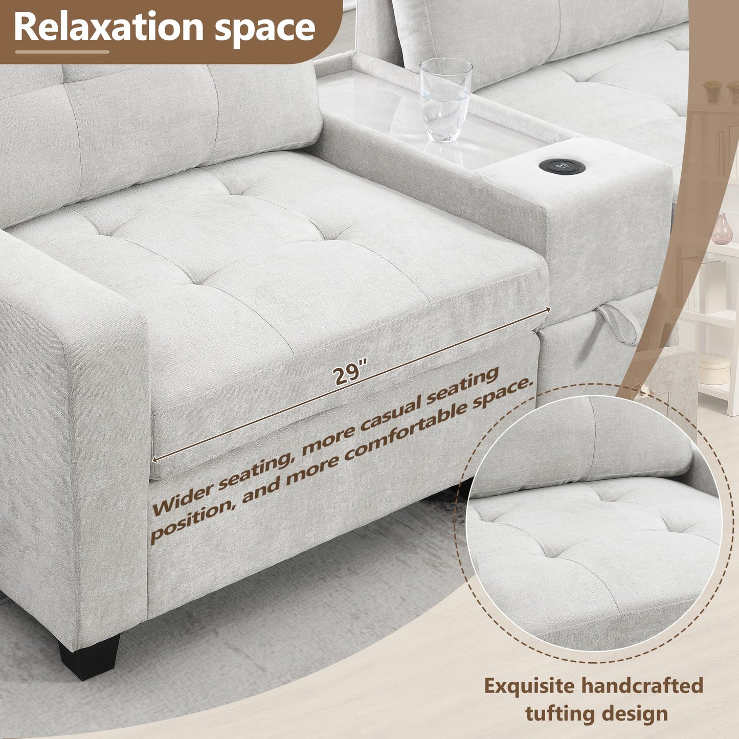 ERYE 104-Inch Oversized Tufted Corner Sectional Sofa 6 Seat Modular Convertible Sofa Couches W/Charging Station, Movable Ottoman, Storage Console,Drawers for Home/Apartment