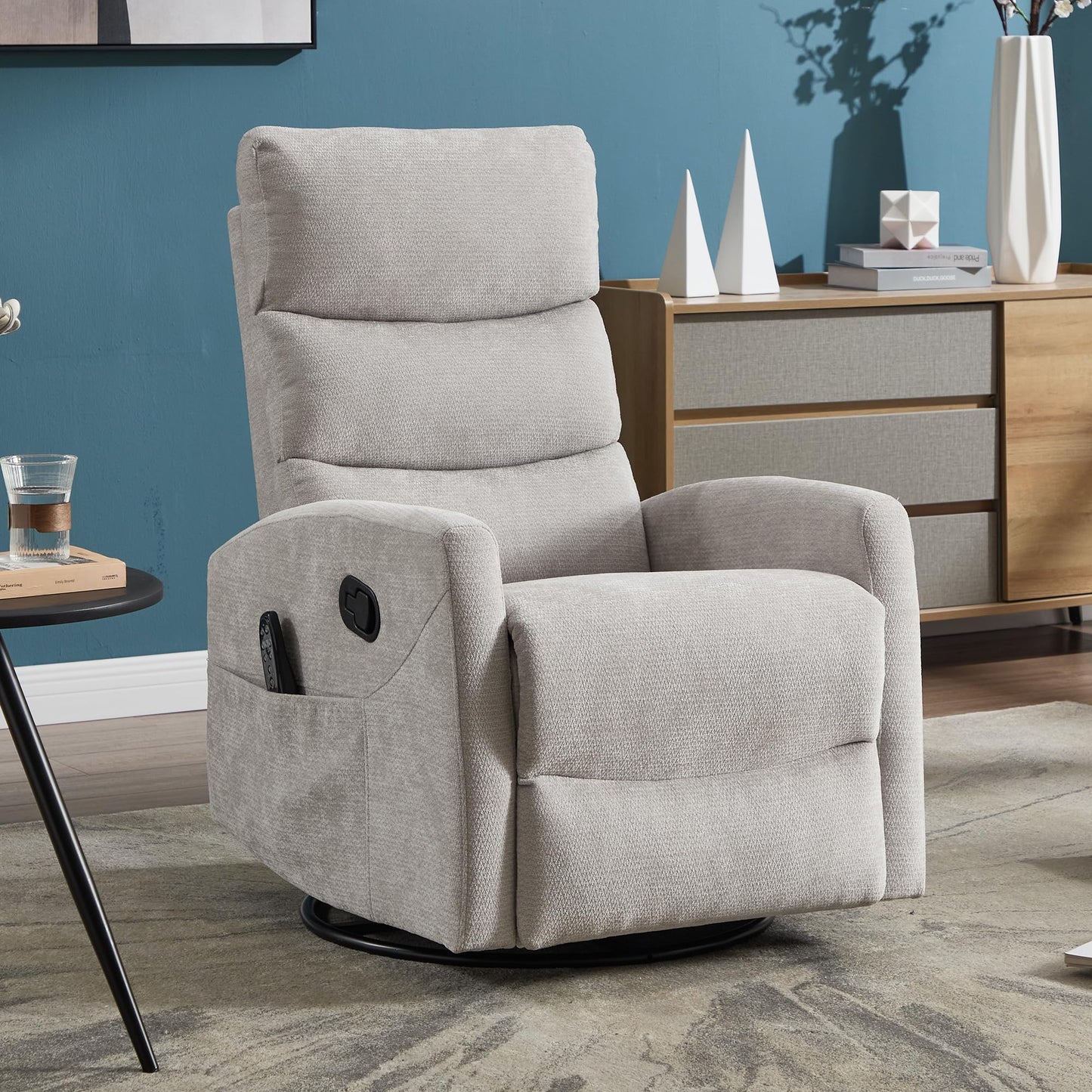 GDFStudio Heat Massage Manual Recliner Chair with Rocking and 360° Swivel, Chenille Fabric Recliner Chair with Lumbar Heat, 8-Point Vibration Massage, 155° Reclining Chair for Living Room, Grey