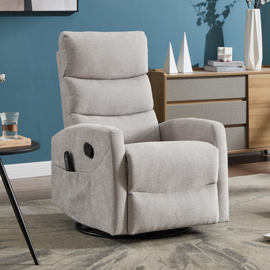 GDFStudio Heat Massage Manual Recliner Chair with Rocking and 360° Swivel, Chenille Fabric Recliner Chair with Lumbar Heat, 8-Point Vibration Massage, 155° Reclining Chair for Living Room, Grey