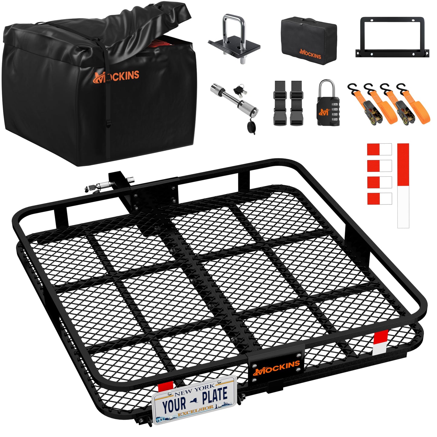 Mockins 40"x40"x6" Extra Deep Square Trailer Hitch Cargo Carrier & 30 Cu Ft Square Waterproof Cargo Bag | 500 Lbs Cap Steel Heavy Duty Trailer Hitch Luggage Rack for SUV Car Truck & RV w/Accessories