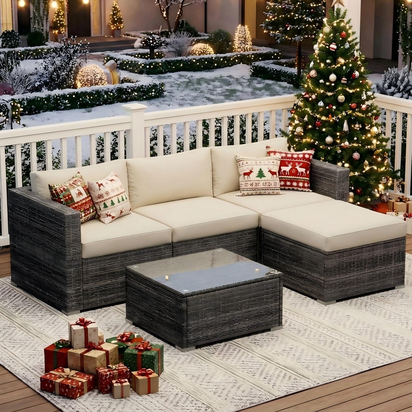 Wisteria Lane 5 Piece Outdoor Patio Furniture Set, All Weather Wicker Rattan Sectional Sofa Conversation Set with Cushions & Glass Coffee Table, Ideal for Backyard Porch Garden Balcony, Beige