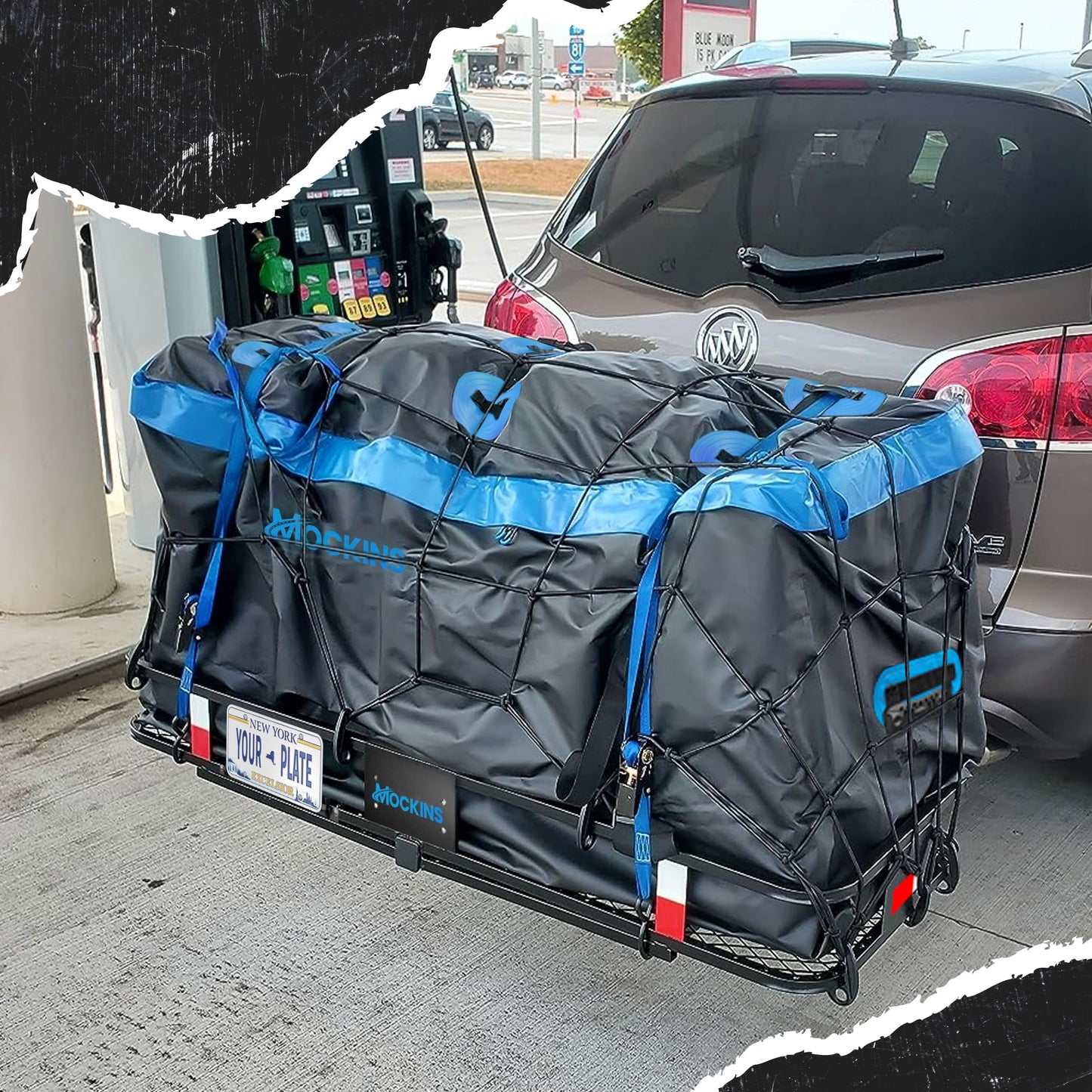 Mockins 60"x24"x6" Folding Trailer Hitch Cargo Carrier w/ 25 Cu Ft Waterproof Cargo Bag for Hitch Carrier | Heavy Duty 500 lbs Steel Luggage Rack for SUV, Car & Truck w/Plate Bracket & Accessories