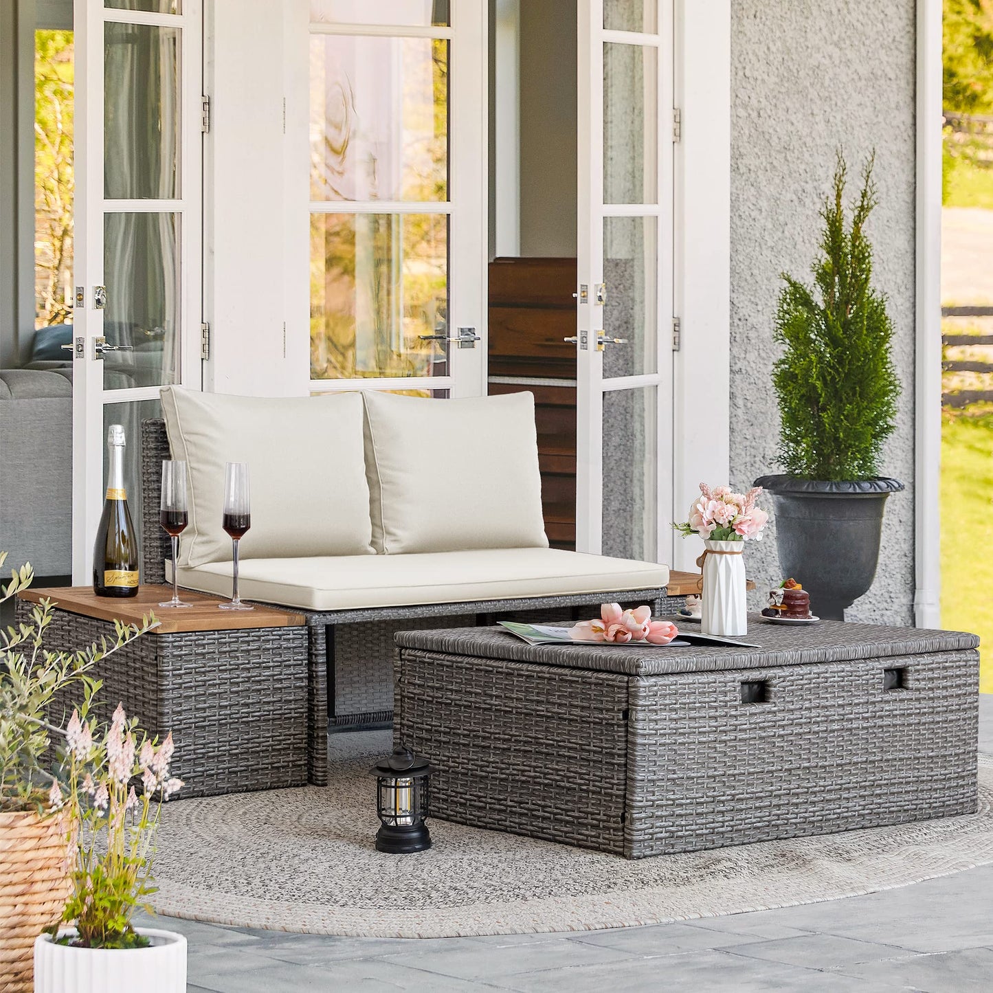 Greesum Patio Furniture Set Multifunctional Outdoor Sectional Sofa Rattan Chaise Lounge Wicker Daybed with Couch, Cushions, Storage Ottoman and 2 Side Tables for Backyard Porch Poolside Lawn, White