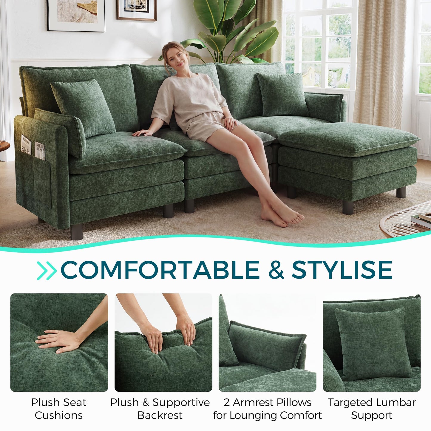 LINSY HOME 98'' Modular Sectional Sofa 3 Seat Couch Chenille Cloud Couch with Deep Seat, L Shaped Couch with 1 Movable Ottoman for Living Room, Office, Bedroom, Green(Pillows Included)
