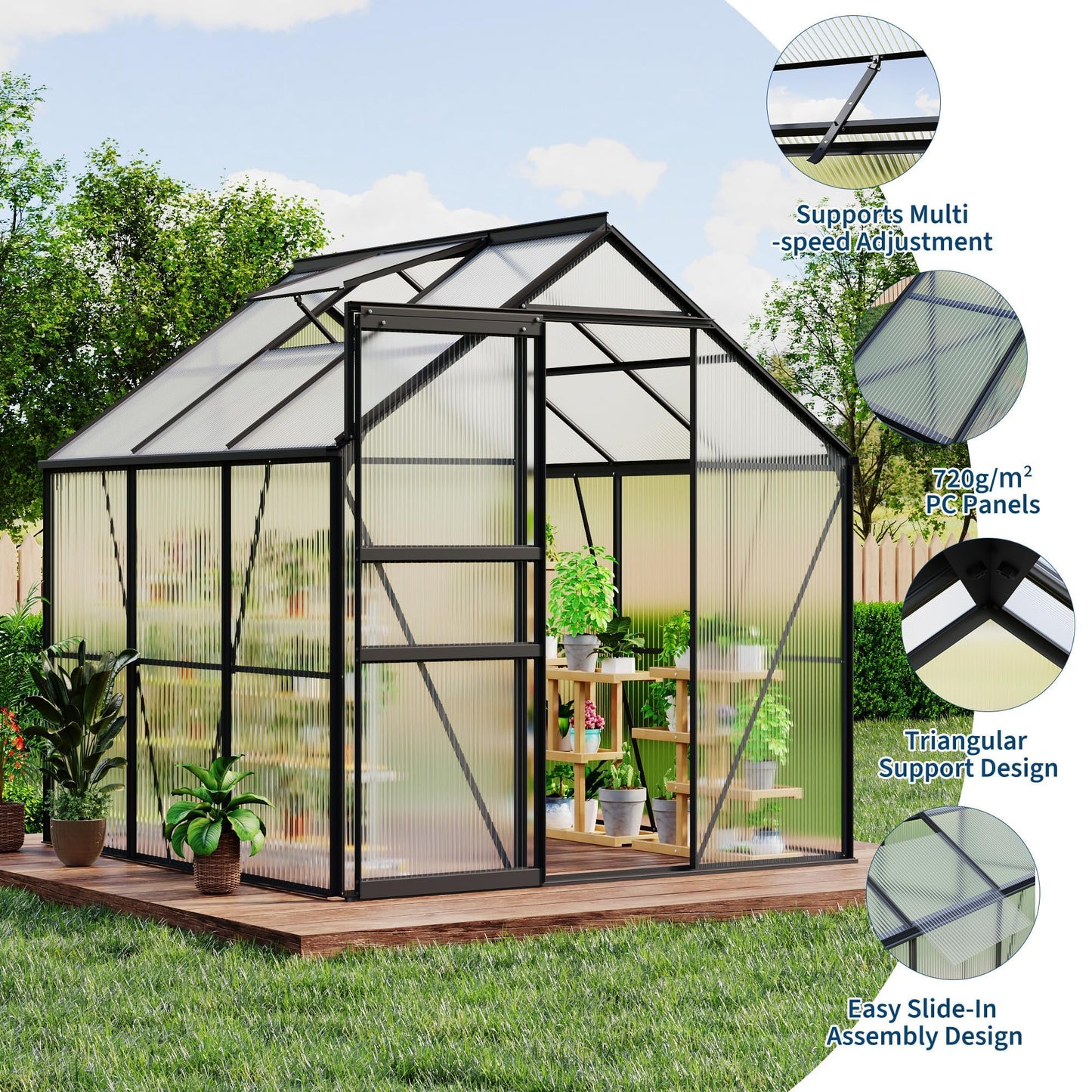 IDEALHOUSE 6x6 ft Polycarbonate Greenhouse with Adjustable Roof Vent, Walk-in Greenhouse for Outdoor Garden Backyard, Heavy Duty Aluminum Frame, 720g/M² PC Panels, Black