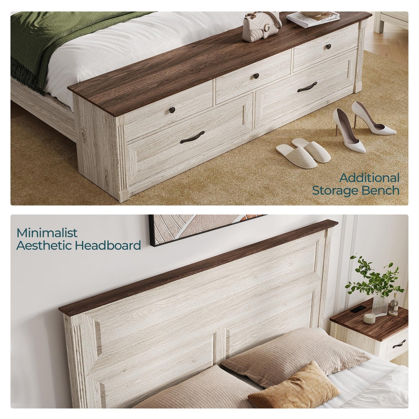 LINSY Storage Bed Frame Queen Bedframe with Drawers, Farmhouse Bed Frame Queen-Size with Headboard and Footboard Bench, Tall Bed Frames Wooden Platform Beds with Storage, No Box Spring, Antique White