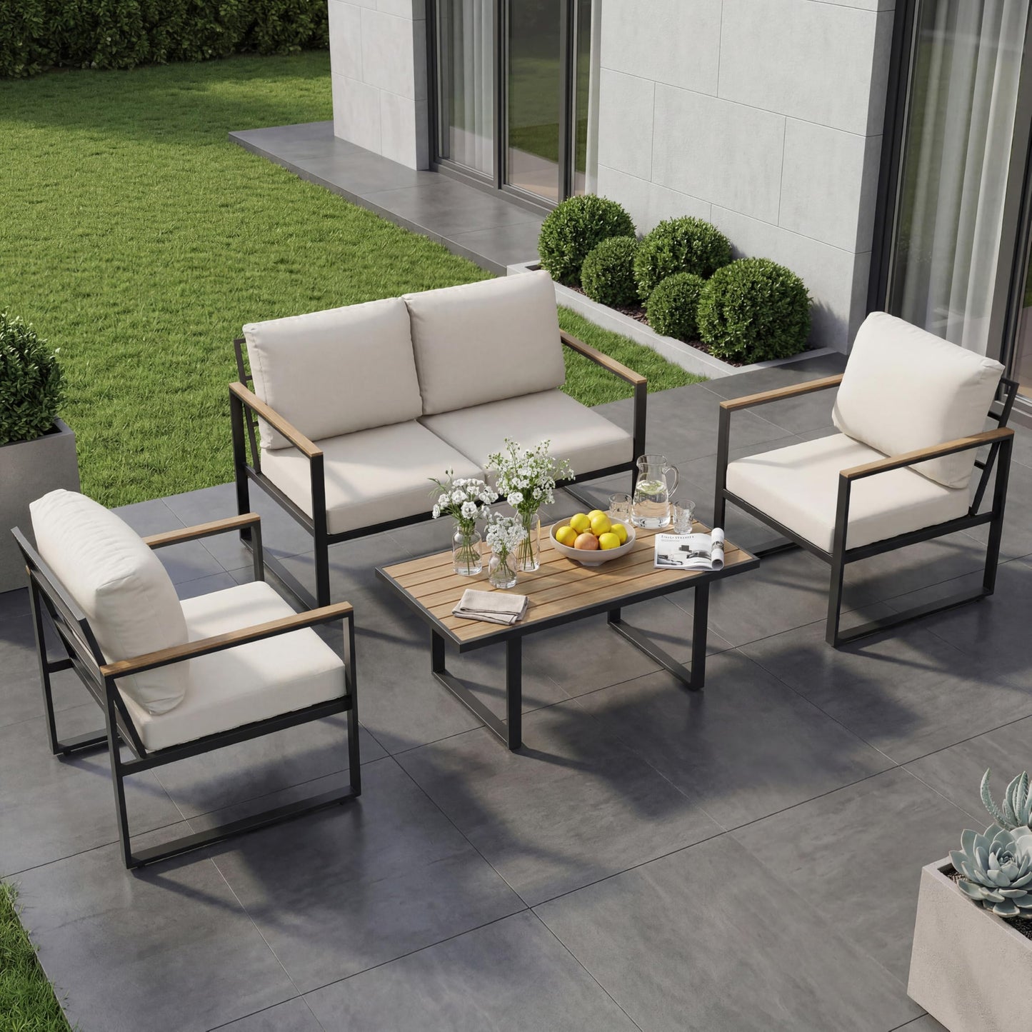 Outdoor Patio Furniture Set, 4-Piece Outdoor Conversation Sofa Set, Lawn Furniture with Coffee Table & Washable Thick Cushions,Seating Sofa for Garden, Deck, Backyard,Beige