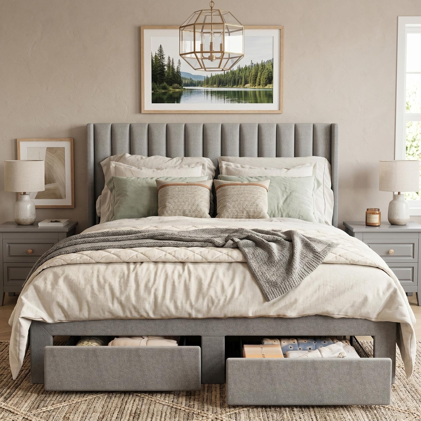 GarveeHome Queen Size Bed Frame, Bed Frame Upholstered Platform Bed with Velvet Headboard, Wing Edge Design, 2 Storage Drawers, No Box Spring Needed, Grey