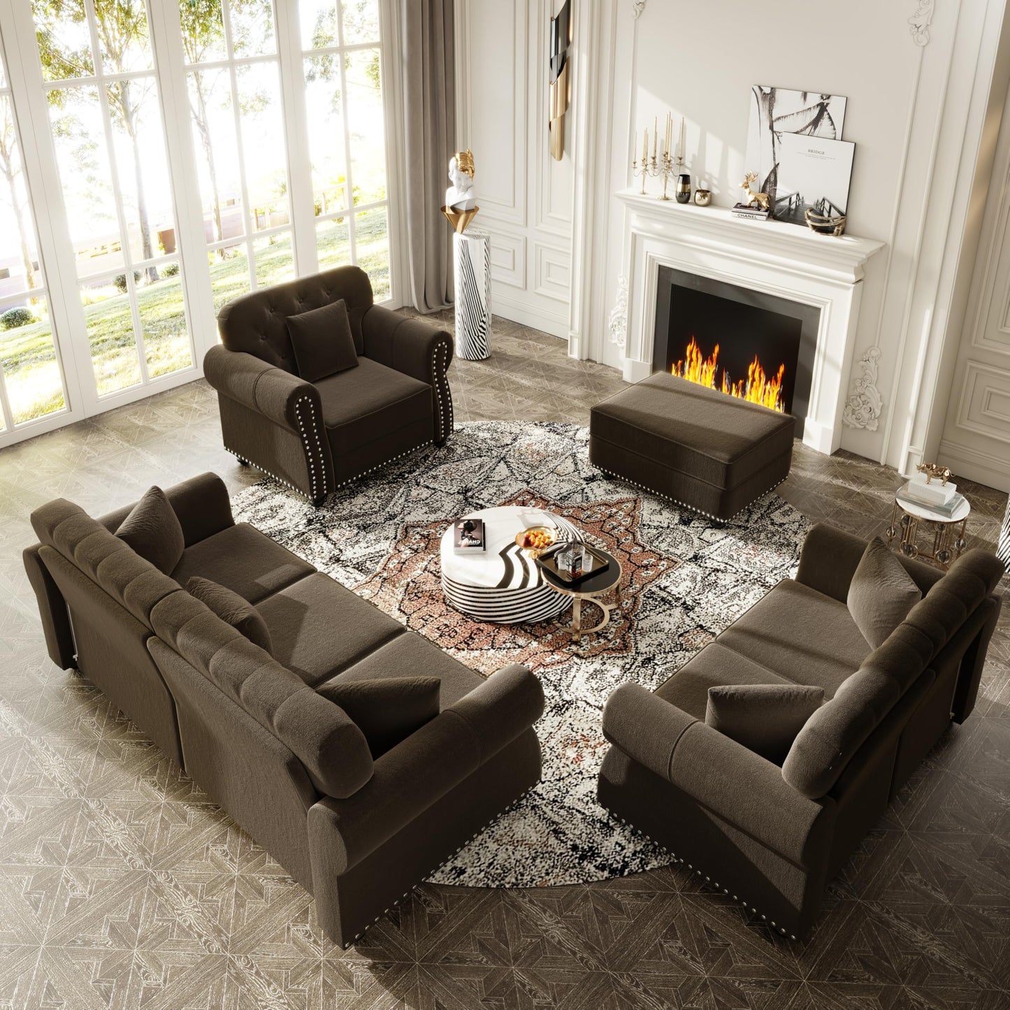 KEIKI 3-Piece Chesterfield Sofa Set with 1 Velvet 3-Seater Sofa & 1 Loveseat & 1 Single Sofa, 6-Seater Couch Set with Nailhead Trim & Rolled Arms & 1 Ottoman & 6 Pillow, for Living Room, Brown
