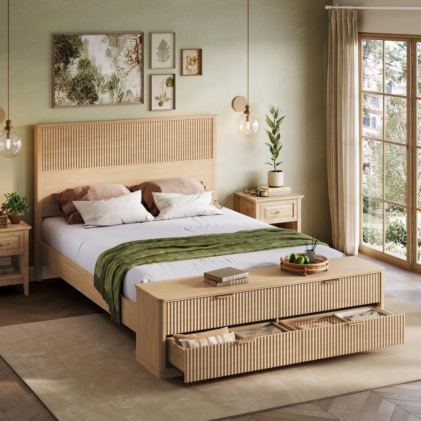 LINSY Storage Bed Frame Queen Bedframe with Drawers, Tall Bed Frame Queen-Size with Headboard and Footboard Bench, Fluted Boho Bed Frames Wooden Platform Beds with Storage, No Box Spring, Light Wood
