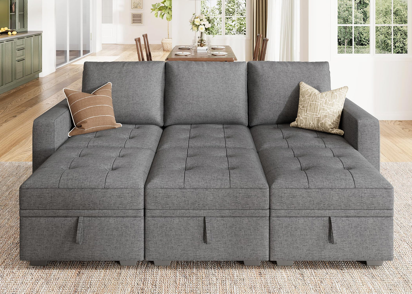 HONBAY Modular Sectional Couch Sleeper Sofa Bed with Storage Seats Oversized Sectional Couches for Living Room,Grey