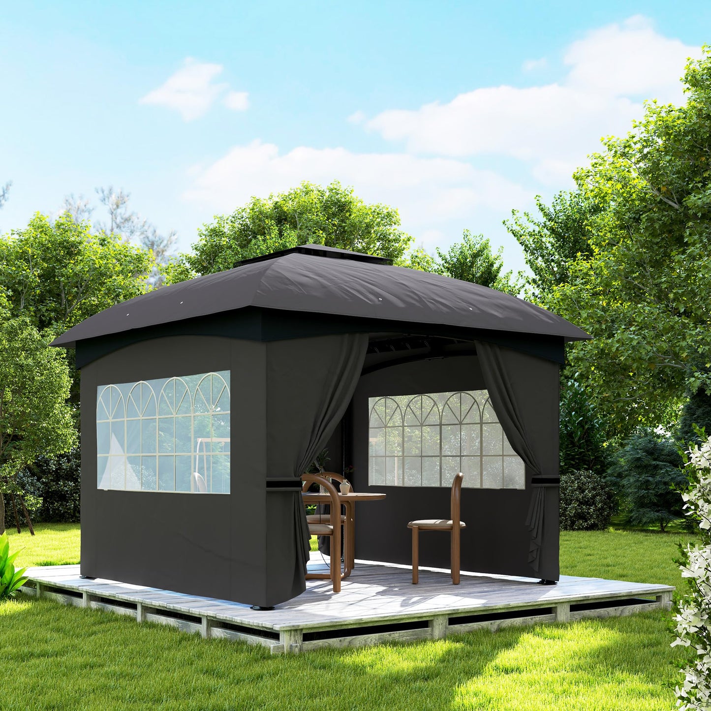 Outsunny 11' x 11' Outdoor Gazebo, Arc Patio Gazebo Canopy Shelter, UV Protected, with Curtains, Church Windows, Double Roof, Galvanized Steel Frame for Lawn, Backyard and Deck, Dark Gray