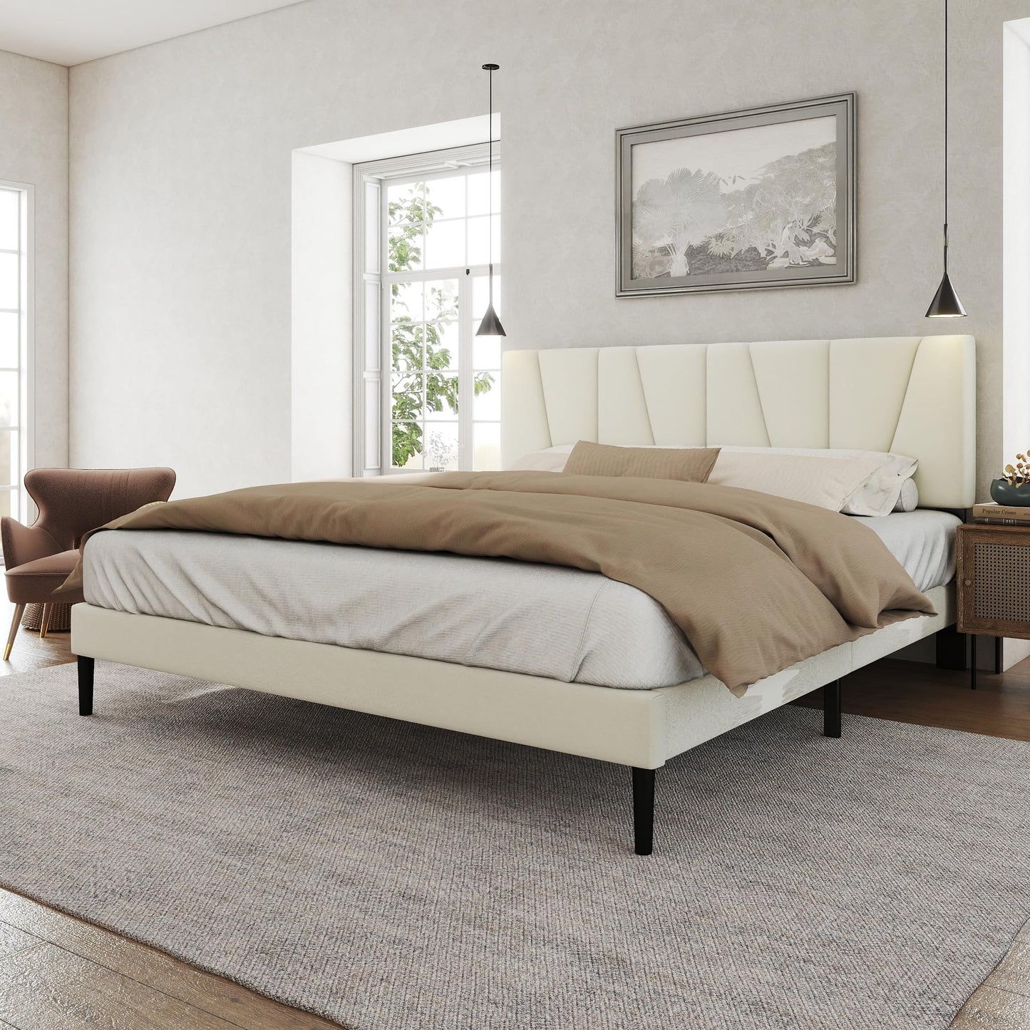 HAOARA King Size Bed Frame with Fabric Upholstered Headboard, Platform Bed with Wooden Slats Support, Fully Mattress Foundation, Box Spring Optional, Easy Assembly