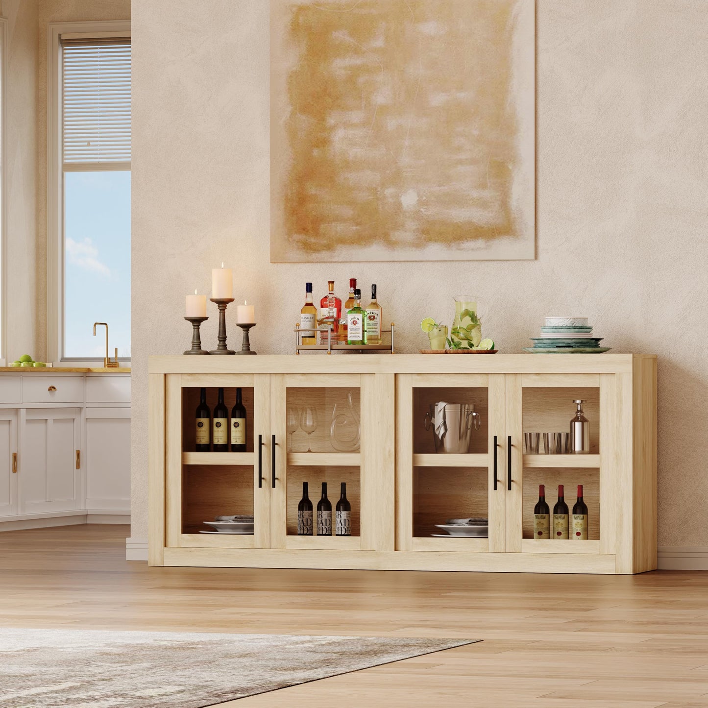 GarveeHome 70.8 in Sideboard Buffet Cabinet with Storage, Mid Century Modern Accent Cabinet with 4 Glass Doors, Wood Coffee Bar Media Console Credenza for Living Room, Kitchen, Hallway, Natural