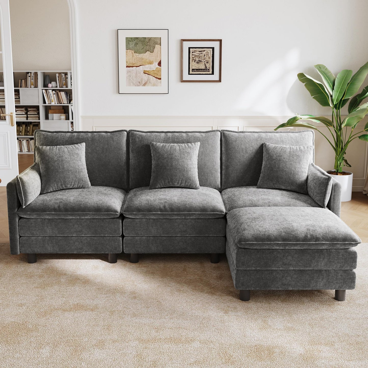 LINSY HOME 98'' Modular Sectional Sofa 3 Seat Couch Chenille Cloud Couch with Deep Seat, L Shaped Couch with 1 Movable Ottoman for Living Room, Office, Bedroom, Grey(Pillows Included)