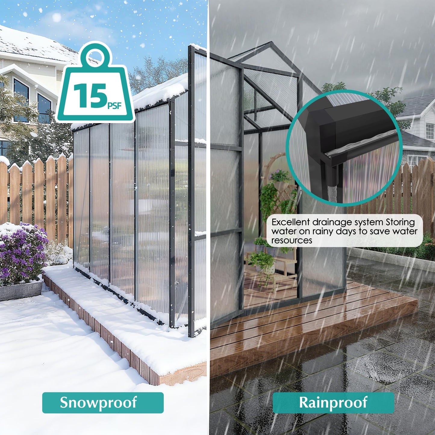 Walk-in Greenhouse 6x14FT, Aluminum Frame Polycarbonate Green House Kit, Heavy-Duty Plant Shelter with Vent Windows & Drainage System, UV Resistant Outdoor Garden Greenhouse for Vegetables Flowers