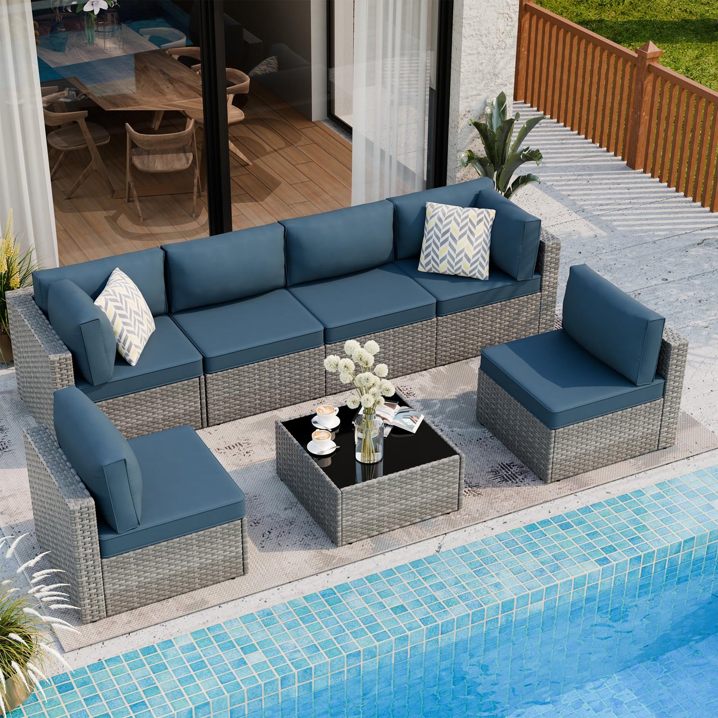 Shintenchi 7 Pieces Outdoor Patio Furniture Sets, Patio Sectional Sofa Couch, Gray PE Wicker Furniture Modular Patio Conversation Sets Patio Sofa with Washable Cushions, Aegean Blue