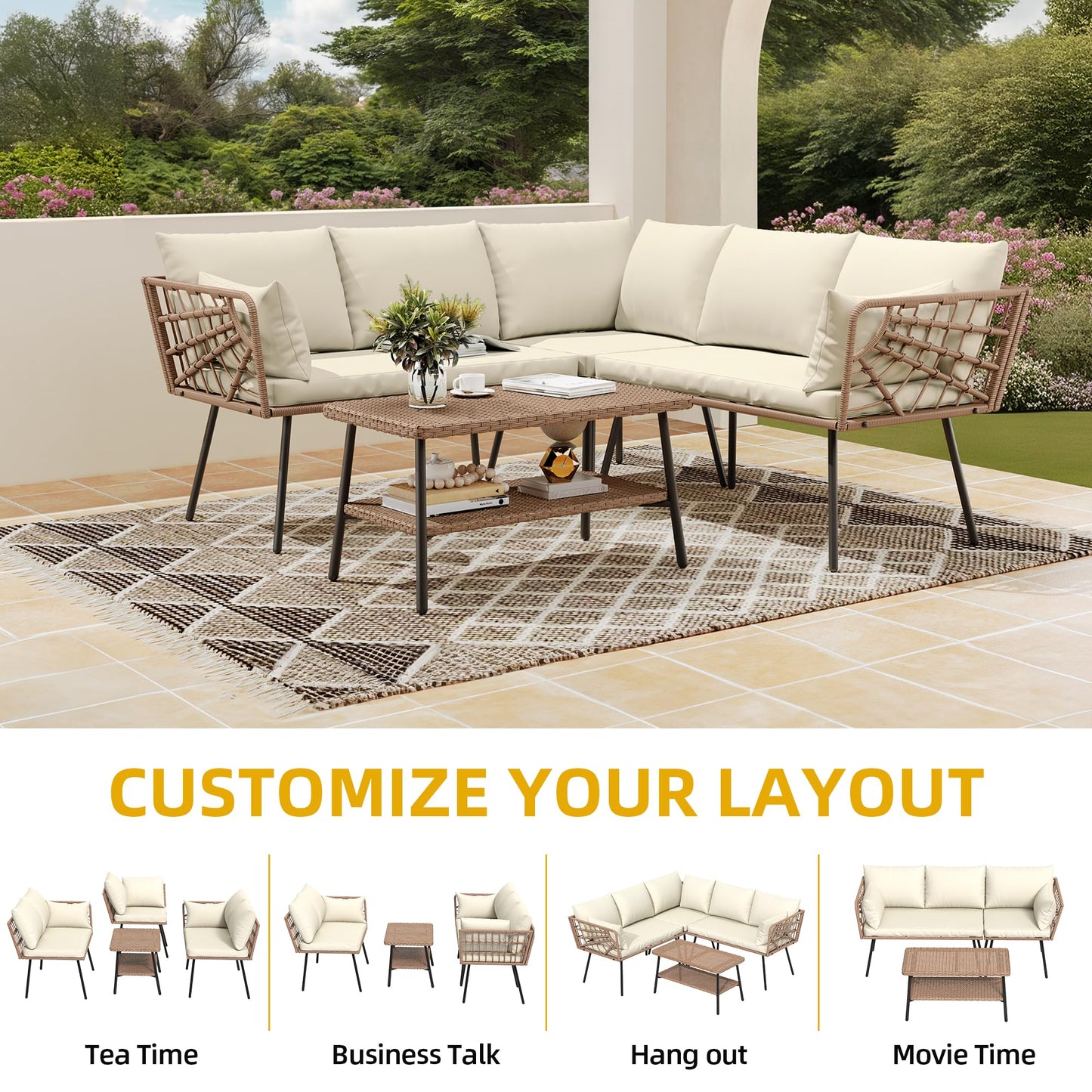 DWVO Outdoor Sectional Sofa 4 Piece 5-Seater Rattan Patio Furniture Set with 2-Tier Coffee Table&Cushions L Shape Couch Boho Conversation Sets for Garden Porch Backyard Relaxation