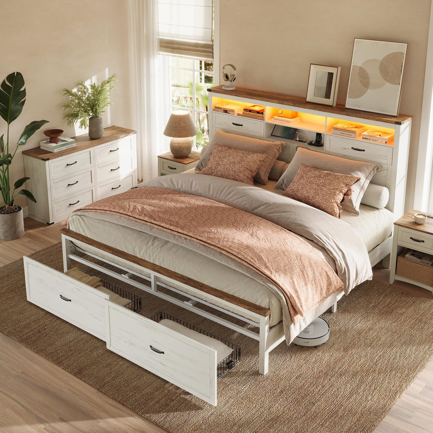 VASAGLE King Bed Frame with 51.3-Inch Tall Storage Headboard, Farmhouse King Size Bed with 4 Drawers, LED Lights, Charging Station, Noise-Free, No Box Spring Needed, Rustic White URMB424W01SV1