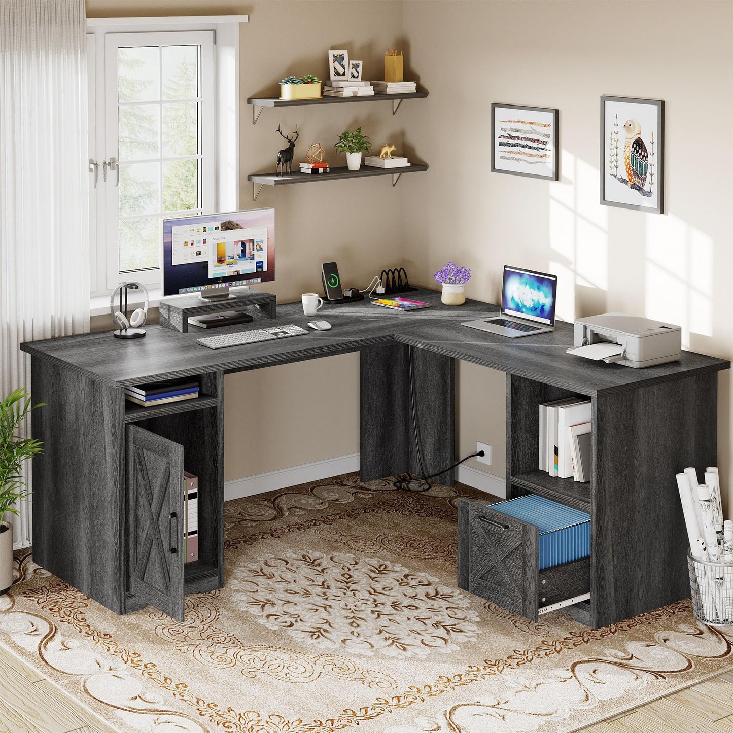 DWVO L Shaped Desk with File Drawer, 60" Corner Computer Desk with Power Outlets, Home Office Desk with Monitor Stand & Storage Shelves & File Cabinet, Grey