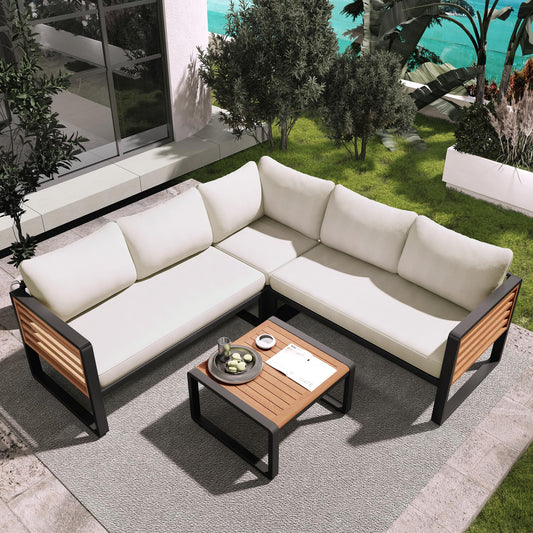 4 Pieces Outdoor Patio Conservation Set, Metal and Wood Frame Sectional L-Shaped Sofa with Soft Cushion and a Coffee Tables for Garden, Backyard, Porch and Deck, Beige