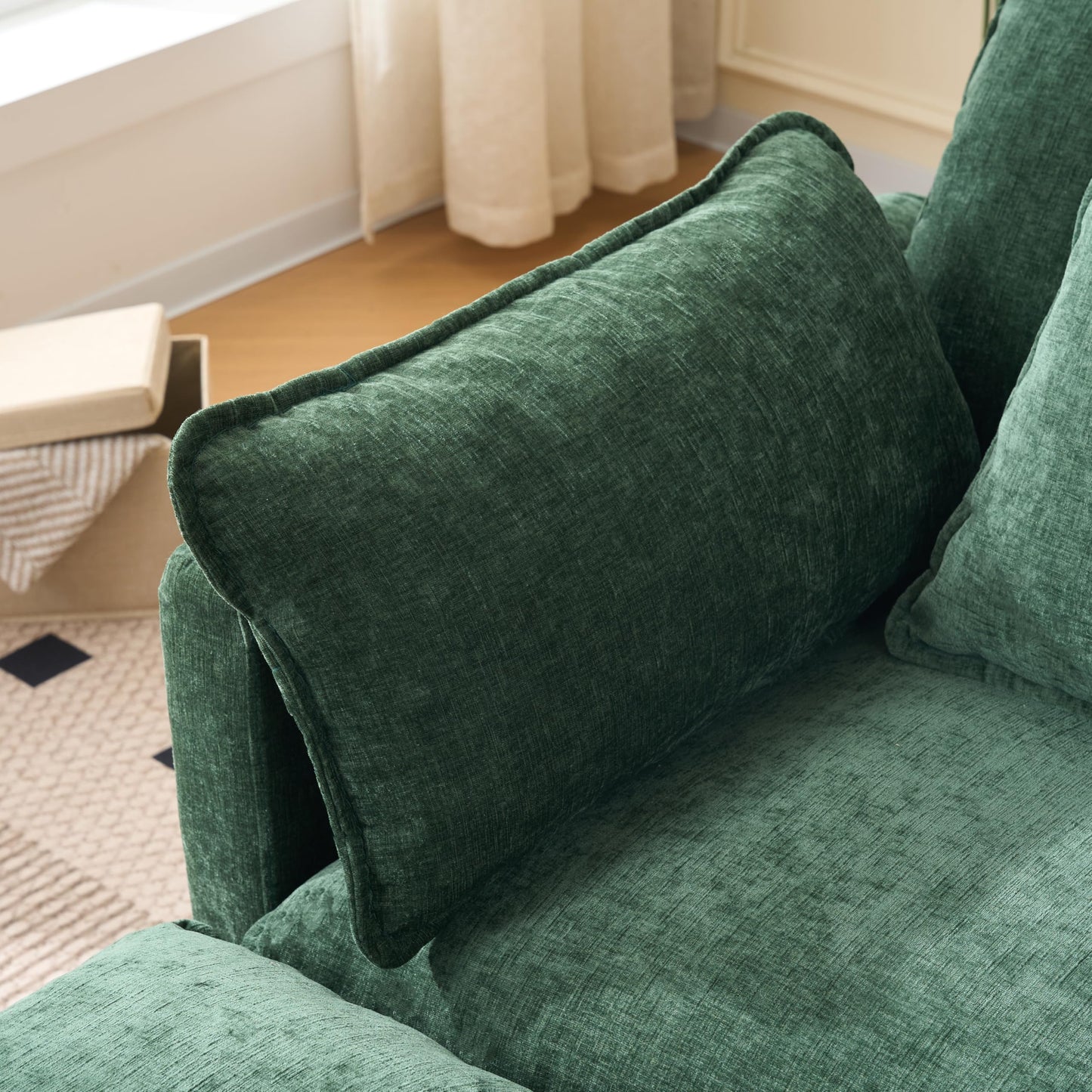 KEIKI 102" Modular Sectional Sofa with Storage Ottoman, L Shaped Convertible Couch with Movable Chaise Lounge, Linen Fabric Comfy 3 Seat Sleeper Sofa for Living Room Apartment Bedroom, Dark Green