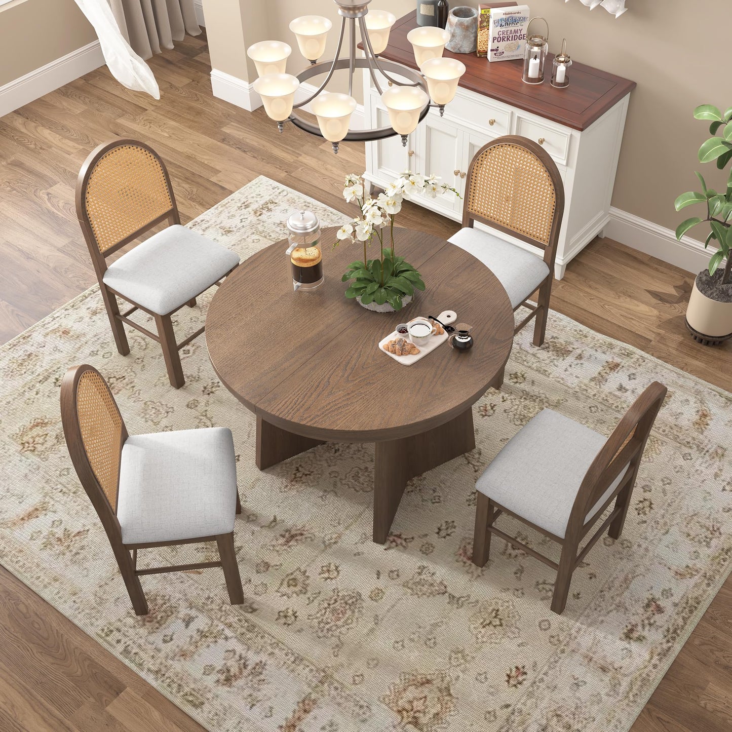 Merax Extendable Round Dining Table Set for 4, Wooden Construction with Upholstered Chairs with Rattan Backrests, Retro Style for Kitchen, Indoor Use, Walnut