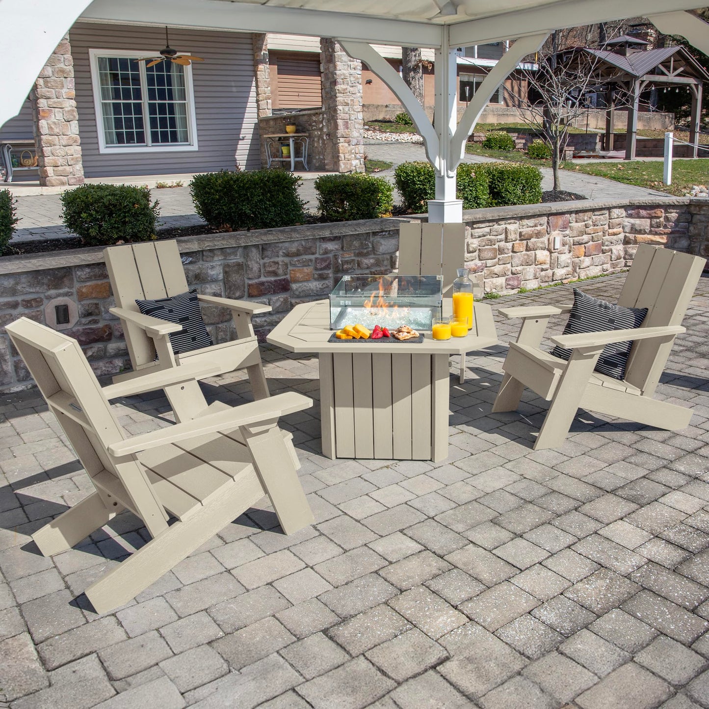 Oasis 5-Piece Conversation Set with Fire Pit Table, 4 Italica Modern Adirondack Chairs and 40” Fire Pit Table with Glass Wind Guard and Rain Cover, Whitewash