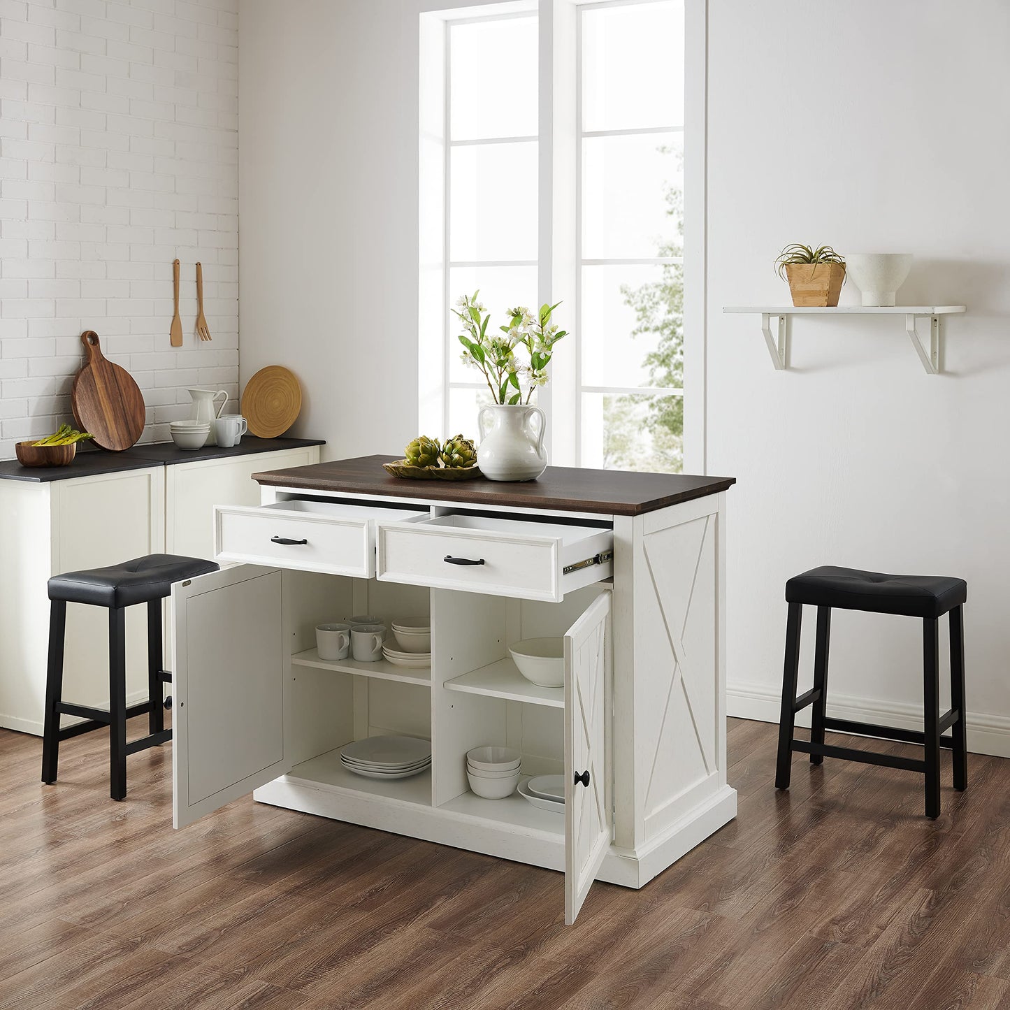 Crosley Furniture Clifton Kitchen Storage Island, Microwave Stand, Coffee Bar and Set of 2 Upholstered Saddle Stools, Distressed White/Black