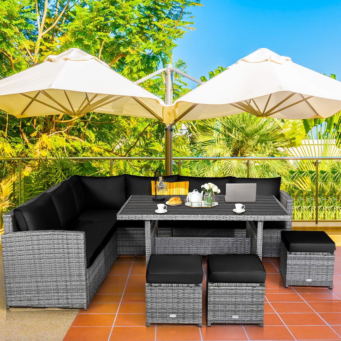 Tangkula 7 Pieces Patio Furniture Set, Outdoor Sectional Rattan Sofa Set with Cushions, All Weather Wicker Conversation Couch Set w/Dining Table & Ottomans for Backyard Garden Poolside (Black)