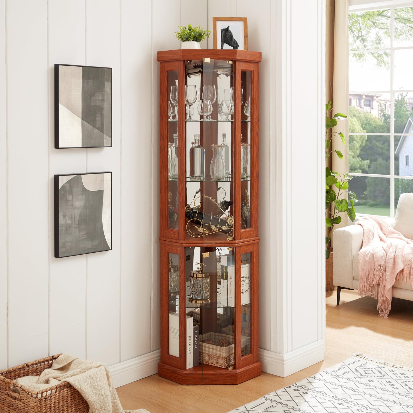 KEIKI 70" Corner Glass Display Cabinet with Adjustable Shelves, for Collectibles, Storage Curio Cabinet with Side-Hung Pane Doors, 5-Tier Showcase Display Case, Easy Assembly, for Living Room, Oak