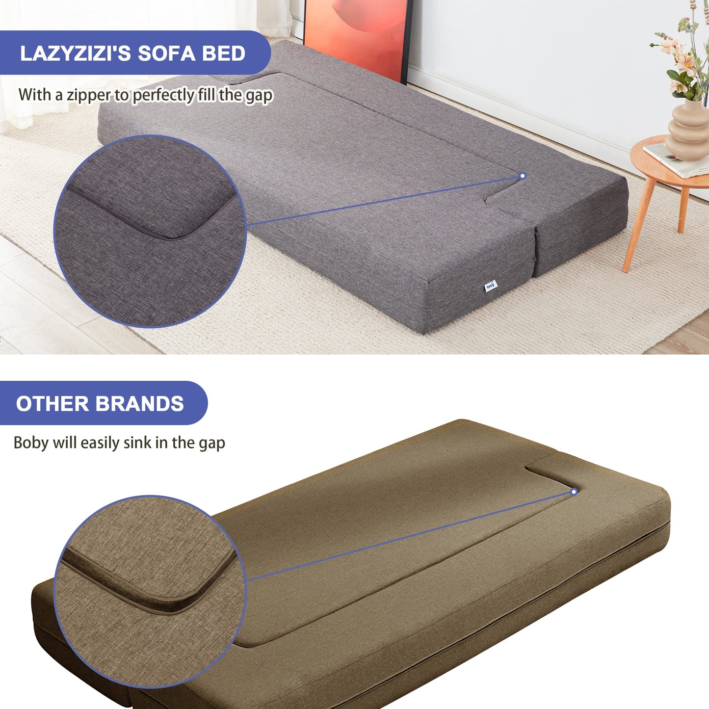Lazyzizi Floor Sofa Bed, Convertible Sleeper Lounge Couch Folding Mattress with 2 Pillows & Washable Cover for Living Room, Guest, Playroom, Queen