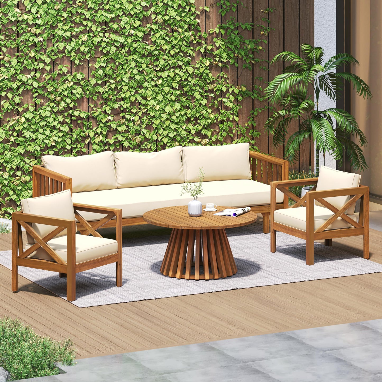 Merax Outdoor 4-Piece Acacia Wood Conversation Set - Patio 3-Seat Loveseat Sofa Daybed with Cushion, 2 Armchair and Round Coffee Table for Backyard, Lawn, Balcony, Teak + Beige