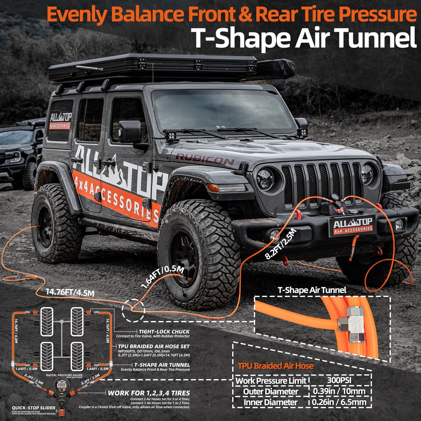 ALL-TOP 4 Tire Inflation & Deflation System, Up to 200" Wheelbase, Rapid High-Flow Air Up Down Kit w/Digital Pressure Gauge & Worry-Free Quick Fitting Package
