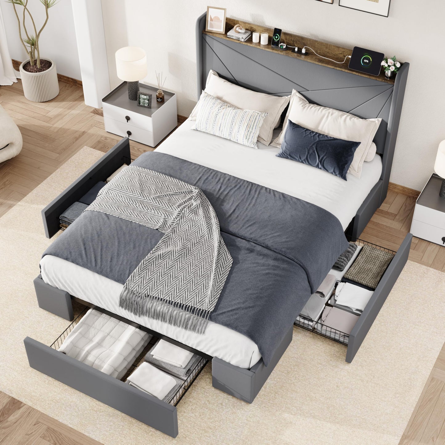 Allewie Queen Size Velvet Bed Frame with 3 Storage Drawers, Upholstered Platform Bed with Wingback Storage Headboard and USB Ports, No Box Spring Needed, Easy Assembly, Grey
