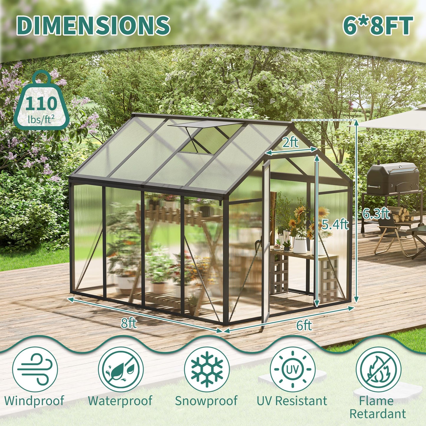 Garvee 6x8ft Greenhouse, Large Walk-in Greenhouse for Outdoors with Roof Vent & Lockable Outward-Opening Swing Door, Heavy Duty Aluminum Frame Polycarbonate Green House for Garden,Backyard,Lawn,Grey