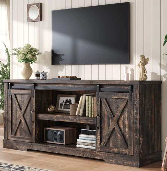 AMERLIFE 66” TV Stand for 65 Inch TV, Farmhouse Entertainment Center with Storage Cabinets and Adjustable Shelf & Feet, Modern TV Console Table for Living Room or Bedroom, Rustic Oak