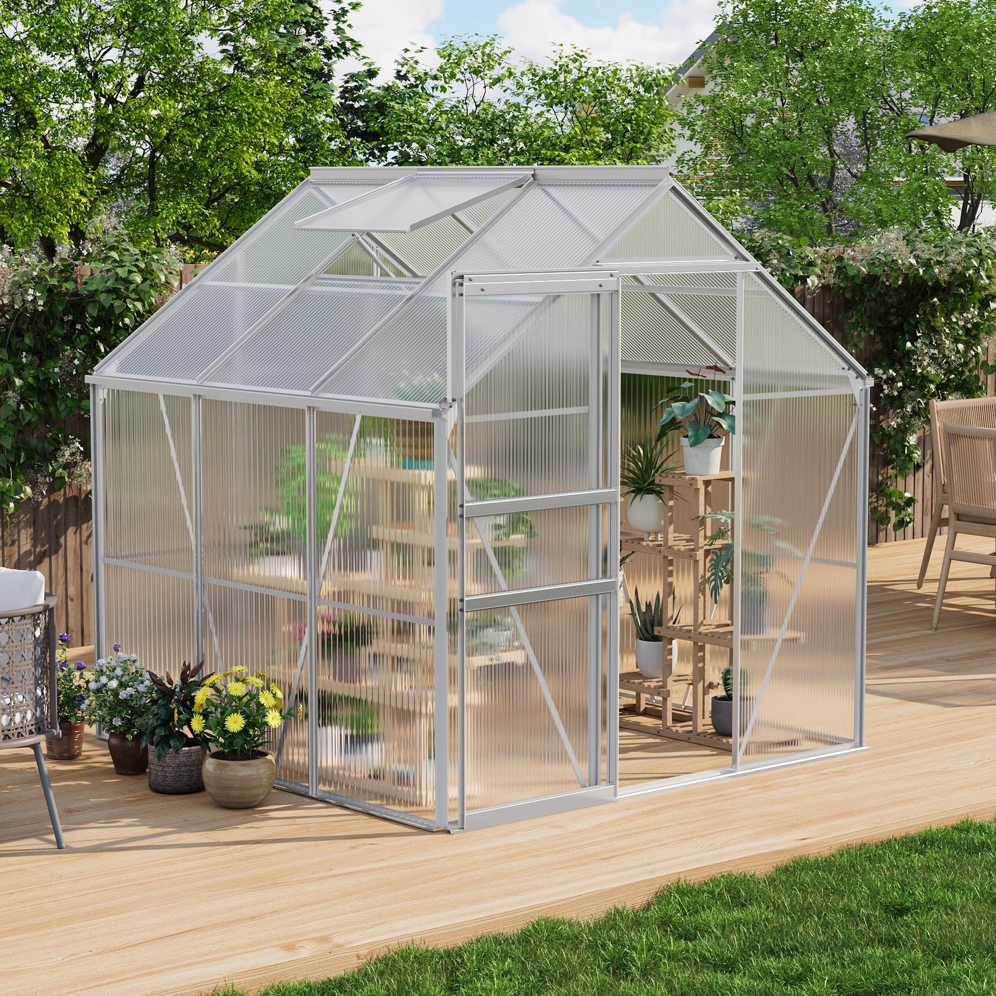 CABIHOME 6 x 6 FT Greenhouses for Outside, Polycarbonate Greenhouse with Aluminum Frame, Sliding Door, Adjustable Roof Vent, Backyard Green Houses, Patio Garden, Black (Silver, 6x6 FT)