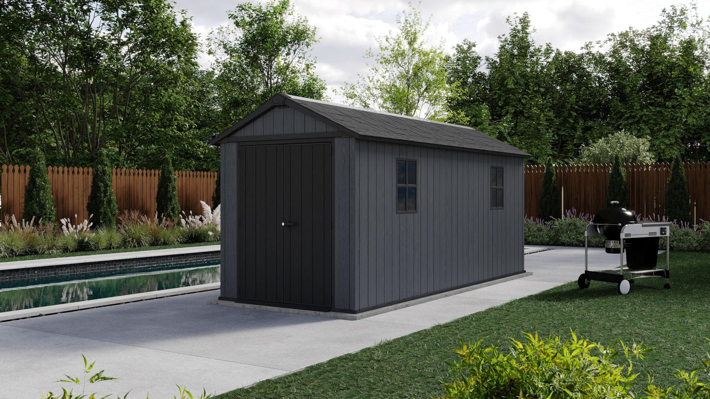 Keter Newton Plus 7.5x15 Ft All-Weather Storage Shed with Skylight, Window, Built-in Ventilation, Customizable Walls, & Lockable Double Doors, Graphite