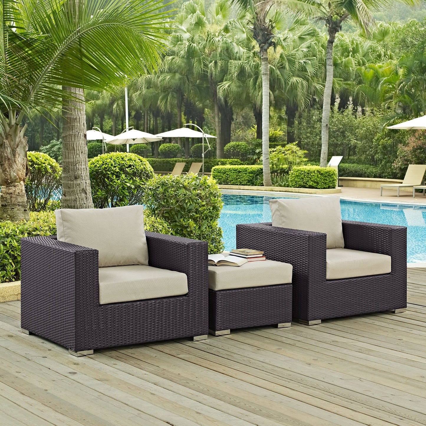 Modway Convene Wicker Rattan 3-Piece Outdoor Patio Furniture Set in Espresso Beige