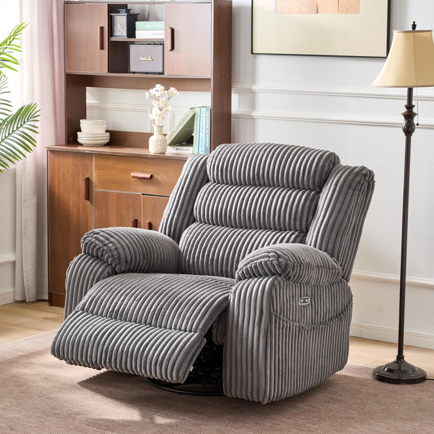ERYE Oversized Glider Rocker Chair 270° Swivel & Power Reclining Chair W/Vibration Heat and USB-C Ports,Power Recliner Armchair Corduroy Upholstered Nursery Armchair