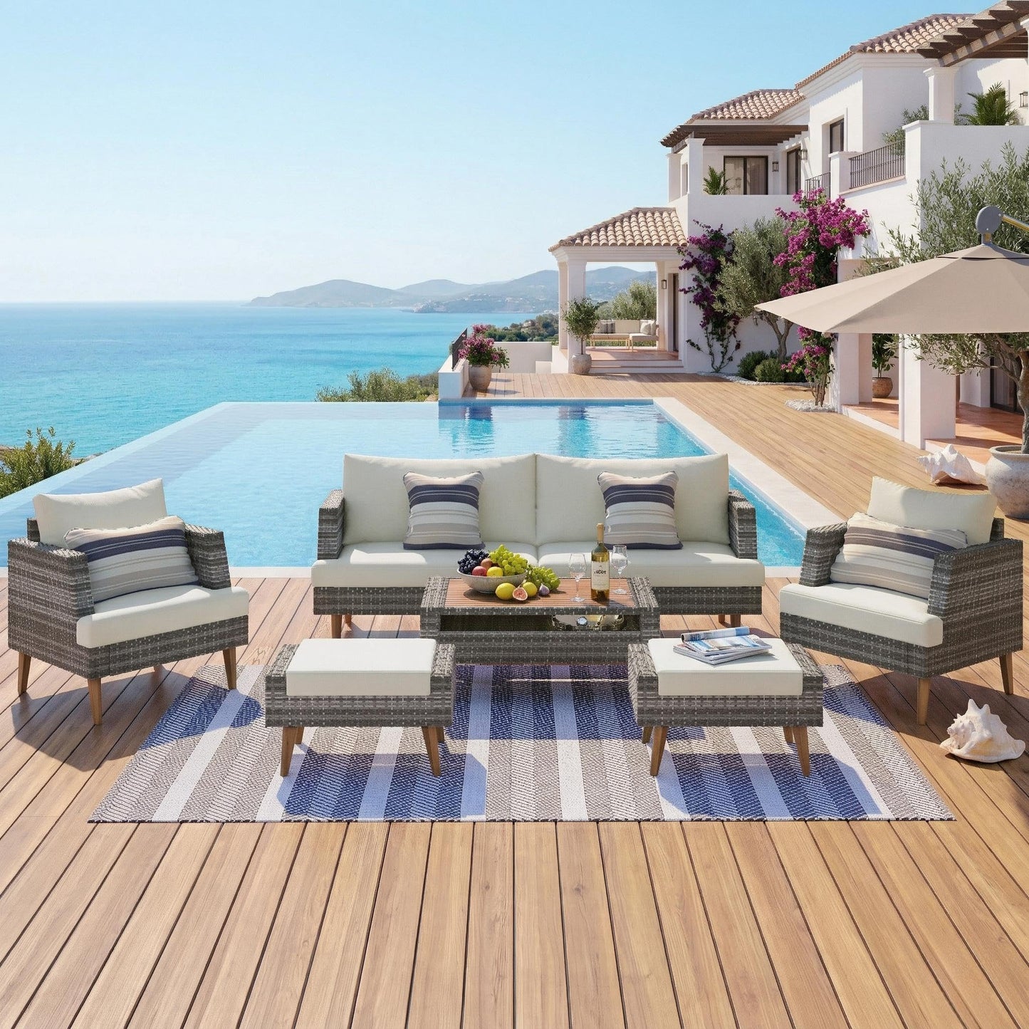 Merax 6-Piece Wicker Patio Sofa Set, Outdoor Rattan Conversation Set with Double Cushions, Solid Wood Legs and Wood Table Top