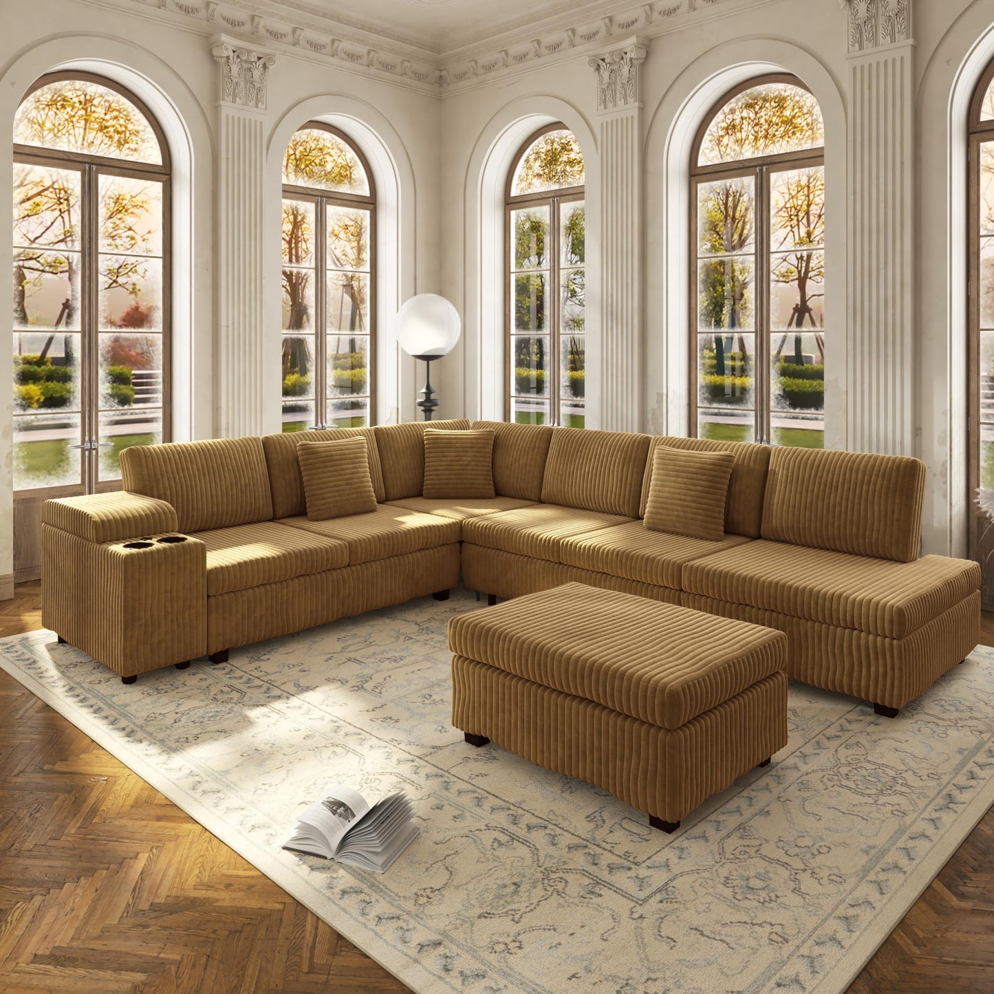 KEIKI 110" L-Shaped Oversized Plush Corduroy Modular Sectional Sofa with Pull-Out Bed, Convertible 6-Seater Sleeper Couch Bed with 1 Ottomans & USB & Cup Holders, Easy Assembly, for Living Room, Camel