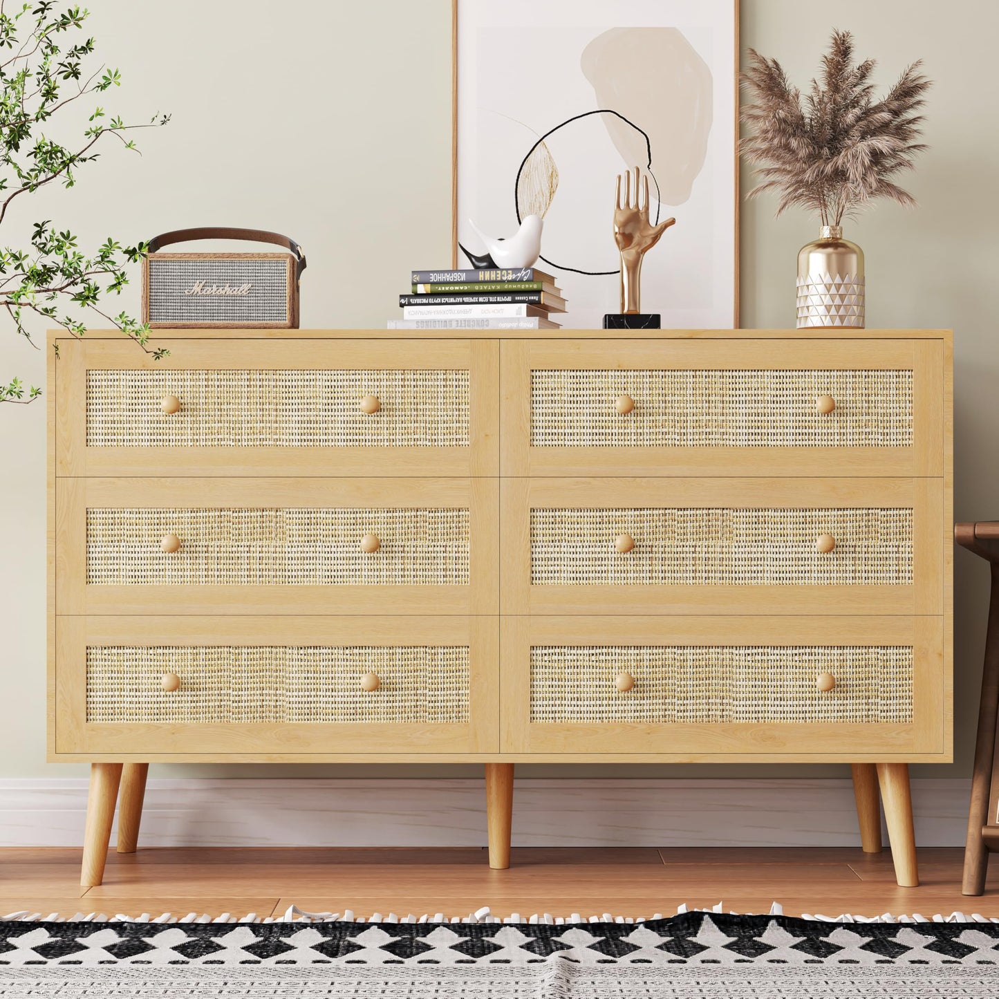 HUANLEGO Rattan Dresser for Bedroom, Modern 6 Drawer Dressers & Chest of Drawers, Natural Boho Dresser with Handles Wood Storage Organizer Modern Dressers for Closet, Hallway, Office