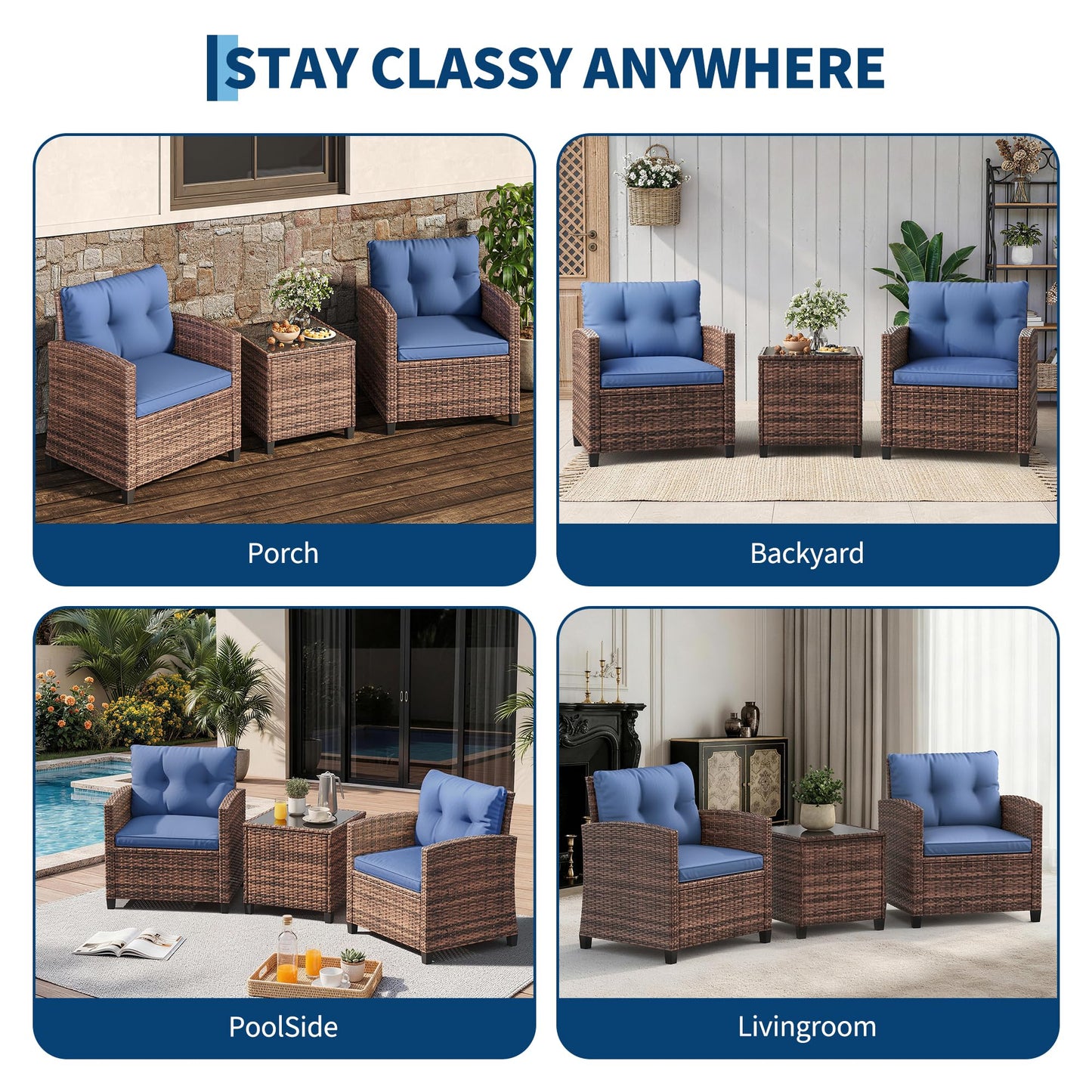 GarveeLife 3 Pieces Patio Furniture Set, PE Rattan Patio Conversation Set with Tempered Glass Tabletop, Outdoor Wicker Chairs and Table Set for Patio Balcony Garden, Brown & Blue