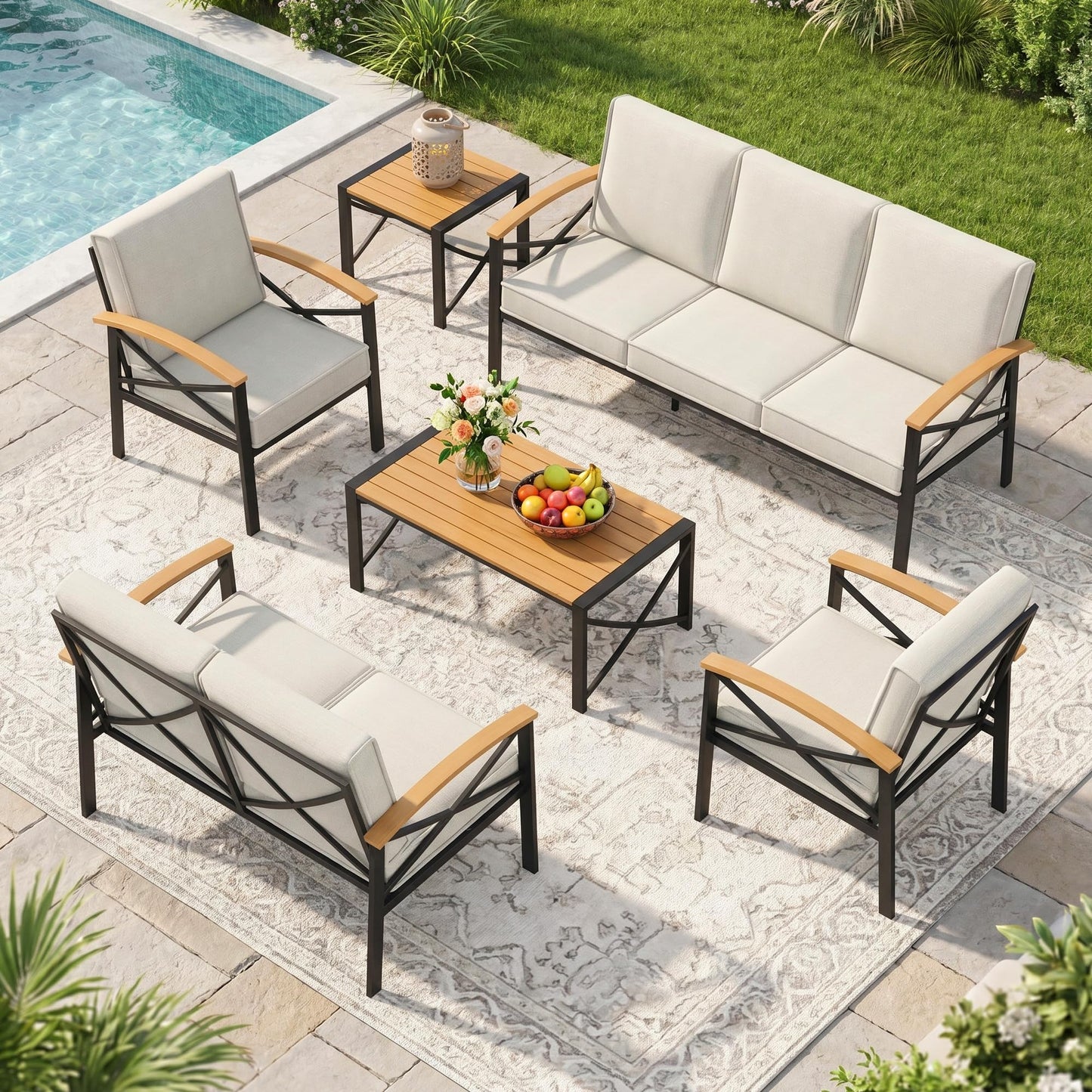 6-Piece Outdoor Patio Furniture Set for All-Weather, Heavy-Duty Metal Outside Furniture with Washable Thick Cushions, Patio Sectional with Coffee Table for Patio, Deck, Backyard, Garden, Beige