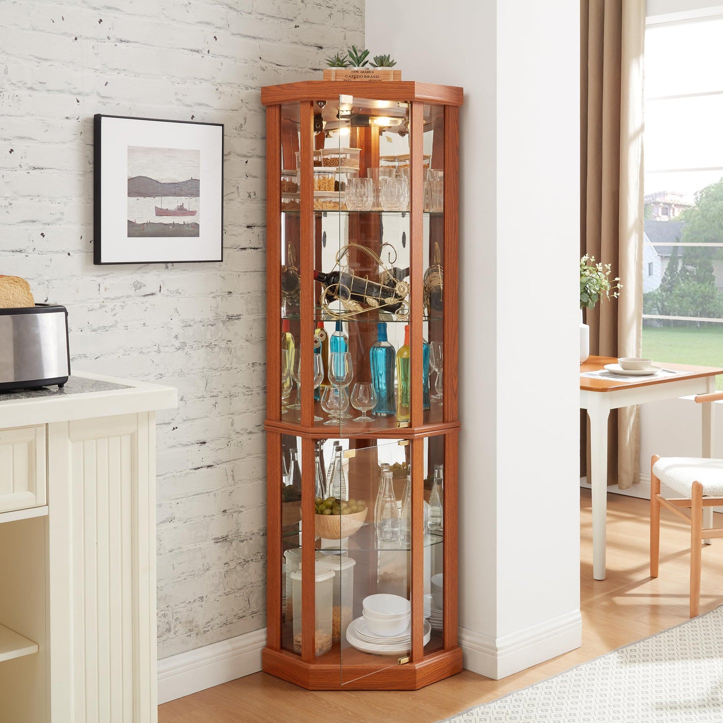 TRUNBACK Corner Curio Cabinet, 150lbs Heavy Duty Glass Display Cabinet with Light, 70" Tall 5-Tier Wine Bar China Cabinet with Tempered Glass Doors & Mirrored Back for Collectibles, Dark Oak