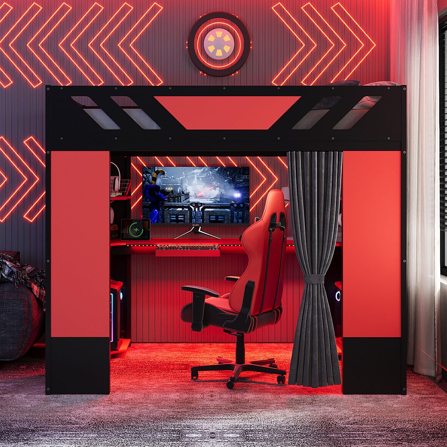 Merax Full Size Loft Bed with Desk and Storage Shelves, Gaming Loft Bed Frame with USB Charging Station and Curtains, Space Saving Loft Bed for Teens Bedroom, Black + Red