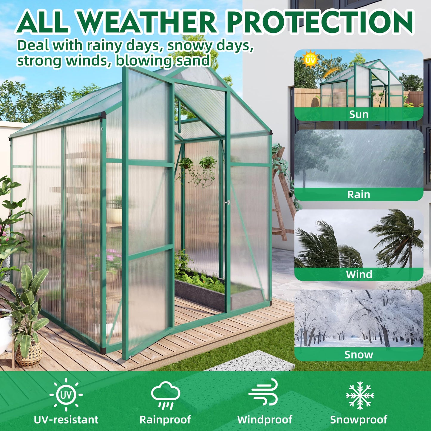 6x10FT Walk-in Polycarbonate Greenhouse Kit, Heavy Duty Aluminum Alloy Frame Green House with Ventilation & Drainage System, UV Resistant Plant Shelter Outdoor Garden Backyard All Season Use