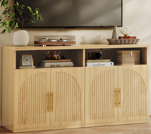 Fluted Buffet Cabinet with Storage, 63" Wide Wood Sideboard Credenza with 4 Doors & Open Storage Shelf, Modern Kitchen Entryway Accent Table for Dining Room Living Room, Kitchen, Hallway, Oak
